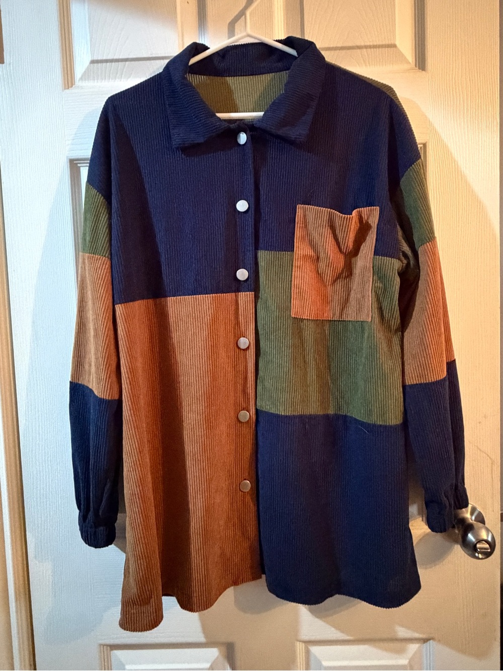 Colorblock Corduroy Button-Up Jacket - Navy, Brown & Olive